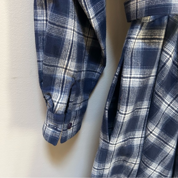 OMO Norma Kamali ~Blue Plaid Cotton Flannel Vintage 80s Belted Shirtdress size 8 - Picture 8 of 16
